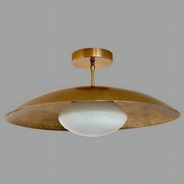 Mid Century Modern Elegant Brass Perforated Flush Mount Ceiling Light With Glass Globe
