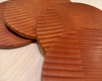 Leather Coaster Set – Modern Minimalist Round Drink Coasters with Linear Pattern