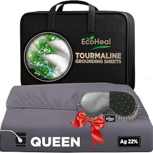 May include: A gray Queen-size grounding sheet set with a matching eye mask and a red bow. The set includes a black carrying case with the text "EcoHeal TOURMALINE GROUNDING SHEETS". The eye mask has green dots.