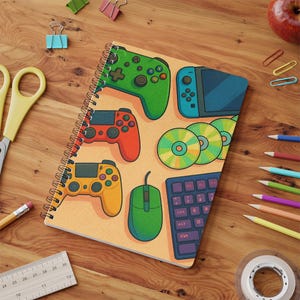 Retro Gaming Notebook , Spiral Bound Journal with Game Controllers, Discs & Console Art , Gamer Gift, Video Game Stationery, Geek Chic