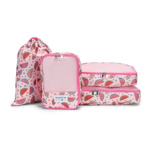 May include: A set of pink travel organizers with a watermelon pattern. The set includes a drawstring bag, a rectangular bag with a mesh front, and two zippered packing cubes. The bags have pink trim and silver zippers.