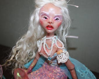 Mermaid with a fish friend handmade ooak art doll Collectible mixed media