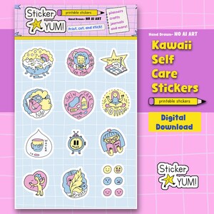 May include: A digital download sheet of printable stickers featuring hand-drawn illustrations of self-care activities, including a person in a bathtub, drinking tea, reading, and meditating, with text labels like Nap, Skin Care, Water, Pause, and Breath.