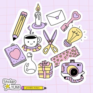 May include: A collection of pastel-colored stickers featuring a pencil, a lit candle, an envelope, a heart-shaped key, a smiling coffee cup, scissors, a lightbulb, a heart-adorned notebook, a bottle, a gift, washi tape, and a camera.