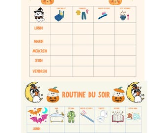 Tableau de routine pour enfants, Thème Halloween : Matin et Soir (PDF à imprimer)