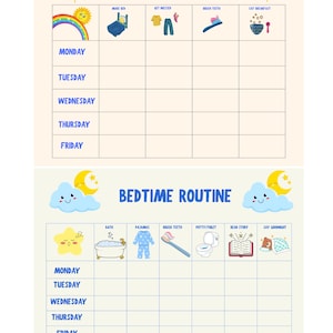 May include: A colorful daily routine chart with morning and bedtime sections. The morning section includes illustrations for making the bed, getting dressed, brushing teeth, and eating breakfast. The bedtime section includes illustrations for bath, pajamas, brushing teeth, potty, reading, and saying goodnight.