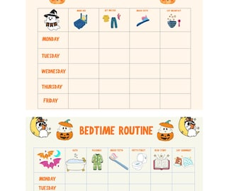 Op de afbeelding: Afdrukbare Halloween-thema ochtend- en bedtijdroutinetabellen. De oranje koptekst luidt "PRINTABLE Morning and Bedtime routine charts HALLOWEEN THEME". De ochtendroutine bevat illustraties voor het opmaken van het bed, aankleden, tandenpoetsen en ontbijten.