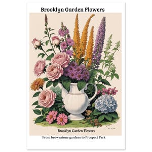 Brooklyn Garden Flowers Print - Vintage NYC Botanical Art - Roses Lupines Hydrangea - Borough Garden Wall Decor