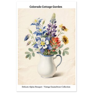 Colorado Wildflowers Art Print – Blue Columbine, Lupine & Indian Paintbrush in White Pitcher | Botanical Wall Art