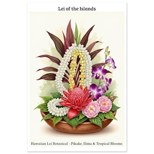 Hawaiian Lei Flowers Print, Tropical Pikake Jasmine Wall Art, Island Paradise Botanical Poster, Beach House Decor