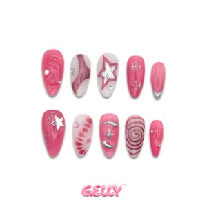 Pink Y2K Chrome Press-On Nails: Medium Almond, Abstract Silver Star Accent & Hand Painted Art