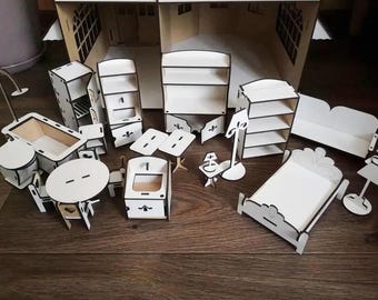 Juego de 21 muebles de madera blanca para casa de muñecas: muebles en miniatura hechos a mano para dormitorio, cocina, baño y sala de estar.