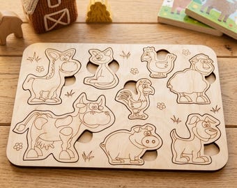 Puzzle in legno personalizzato con nome e animali della fattoria – Regalo per il primo compleanno del tuo bambino – Puzzle personalizzato con animali – Giocattolo Montessori – Decorazione per la cameretta