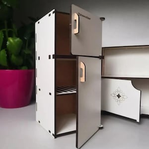 Dollhouse Kitchen Furniture Set – Wooden Refrigerator, Cupboard & Stove | Handmade Barbie Kitchen Set | Miniature Play Kitchen