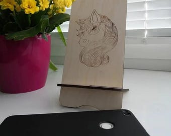 Engraved Wooden Phone Stand - Unicorn with Glasses Design