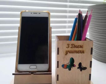 Wood Desk Organizer with Phone Stand – Wooden Pencil Holder, Minimalist Office Desk Organizer Gift