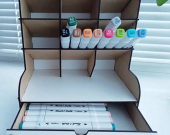 Handmade Wooden Desk Organizer with Drawer – 12 Compartment Storage Rack, Craft Supply Holder, Office Shelf Box, Study Stationery Stand