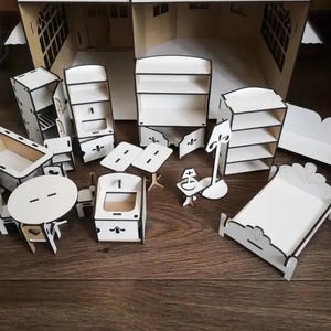 White Wooden Dollhouse Furniture Set, Miniature Toy Furniture for Pretend Play, Handmade Furniture for Dolls Room & Playhouse
