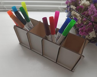 White Desk Organizer – 4 Compartment MDF Desktop Storage Box for Pens & Office Supplies, Minimalist Office Desk Organizer