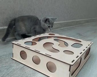Interactive Wooden Cat Toy Box – Puzzle Play Board for Kittens Enrichment Toy for Indoor Cats Personalization Available Gift for Cat Lovers