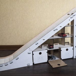 Rampe de voiture en bois avec mini garage : circuit de course à double voie, à monter soi-même