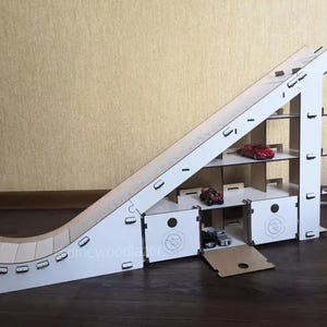Wooden Car Ramp with Mini Parking Garage: Double Lane Racing Track, DIY Assembly