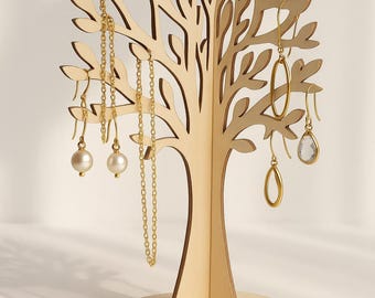 Wooden Jewelry Display Tree – Laser Cut Plywood Jewelry Stand | 28 cm Organizer for Earrings, Rings & Necklaces