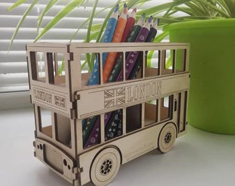 Wooden London Bus Pencil Holder – Paintable Plywood Desk Organizer