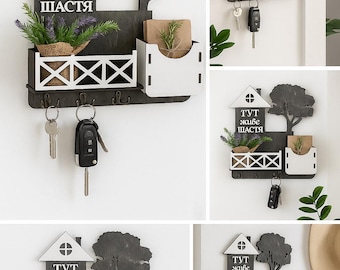 Wall Mail Organizer, Wall Key Holder, Rustic Wood Entryway Rack with Hooks, Wooden Mail Slot Shelf, Housewarming Gift