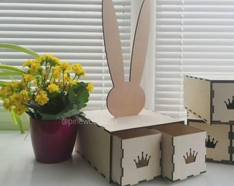 Laser Cut Wood Bunny Box - Easter Decor, Crown Drawer Organizer