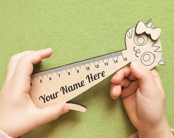 Gepersonaliseerde houten liniaal, aangepaste kat, schoolbenodigdheden voor kinderen, gegraveerde naamliniaal