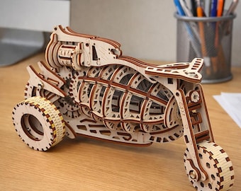 Wooden Mechanical Motorcycle Starbike – Steampunk 3D Wood Puzzle Model, Moving Mechanism, No Glue, 149 Pieces