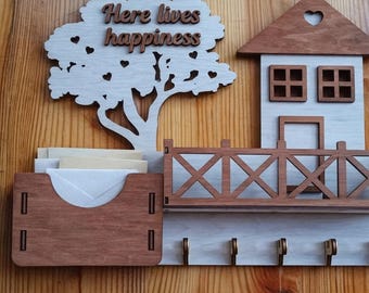 Organizador de correo de pared, llavero para pared, perchero rústico de madera con ganchos para entrada, colgador de llaves familiar, estante de madera con ranura para correo.