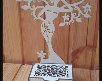 Laser Cut Wooden Jewelry Box with Mermaid Tree Stand, Decorative Trinket Box