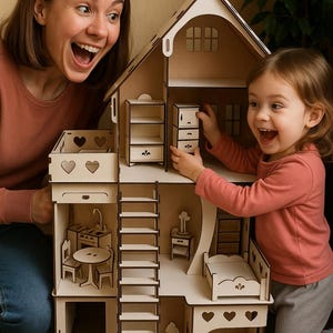 大型木製バービードールハウス 家具付き 3階建てプレイハウス 城 バルコニー付き ハンドメイド MDF おもちゃハウス 11.5インチ人形用 女の子へのギフト