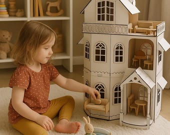 Large Wooden Dollhouse – 3 Story Montessori Playhouse for Kids, Personalized Wooden Doll House, Pretend Play Toy Gift