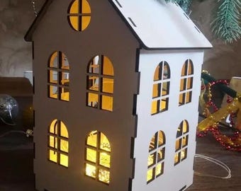 White Wooden Candle House | Decorative Lantern Holder for LED Lights | Handmade Christmas Table Centerpiece & Cozy Shelf Décor