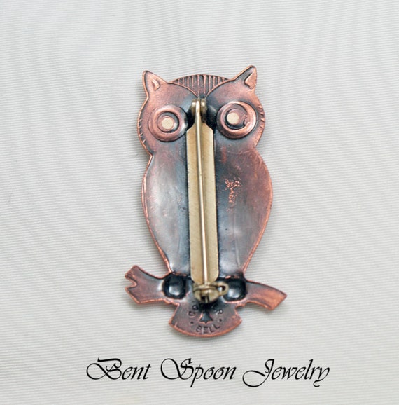 Vintage Copper Bell Owl pin .Brooch, Owl Dress Pi… - image 4