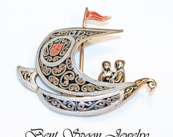 Large Vintage Damascene Ship Pin to Repurpose for Craft project