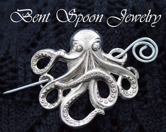 Silver Shawl Pin,  Oxidized Silver Octopus Shawl Pin ...Scarf Pin, Sweater Pin