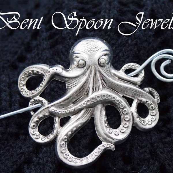 Silver Shawl Pin,  Oxidized Silver Octopus Shawl Pin ...Scarf Pin, Sweater Pin