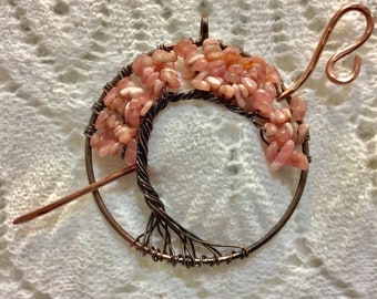 Copper Rhodochrosite Gemstone Tree of Life Shawl Pin, Pendant, Necklace, Scarf Pin, Shrug Pin, Kilt Pin, Shawl Accessory