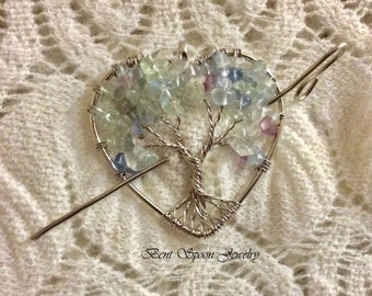 Fluorite Gemstone Tree of Life Shawl Pin, Pendant, Necklace, Scarf Pin, Shrug Pin, Kilt Pin, Shawl Accessory