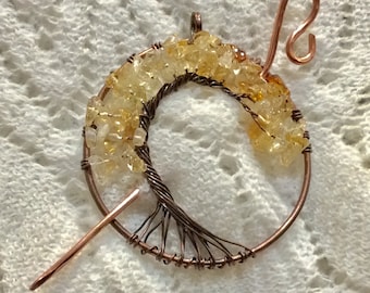 Copper Citrine Gemstone Tree of Life Shawl Pin, Pendant, Necklace, Scarf Pin, Shrug Pin, Kilt Pin, Shawl Accessory