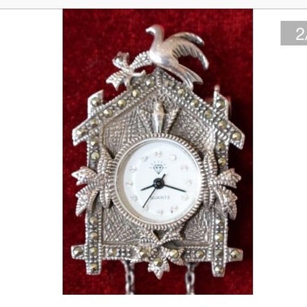 Vintage Sterling Silver Marcasite Quartz Cuckoo Clock Watch Pin, Brooch, Lapel Pin, Dress pin, Coat Pin