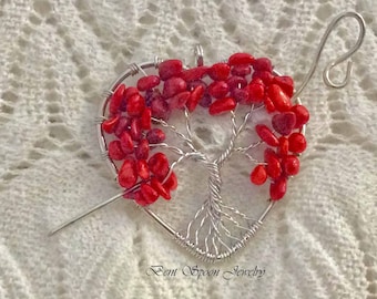 Red Coral Gemstone Tree of Life Shawl Pin, Pendant, Scarf Pin, Shrug Pin, Kilt Pin, Shawl Accessory