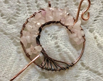 Copper Pink Quartz Gemstone Tree of Life Shawl Pin, Pendant, Necklace, Scarf Pin, Shrug Pin, Kilt Pin, Shawl Accessory