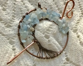 Copper Aquamarine Gemstone Tree of Life Shawl Pin, Pendant, Necklace, Scarf Pin, Shrug Pin, Kilt Pin, Shawl Accessory