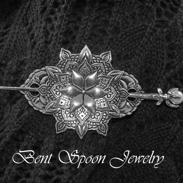 Silver Lotus Shawl Pin or Hair Pin, Barrette, Cloak Pin, Bent Spoon Jewelry