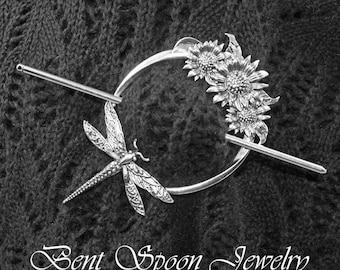 Large Dragonfly Shawl Pin or Hair Pin, Barrette, Cloak Pin, Bent Spoon Jewelry